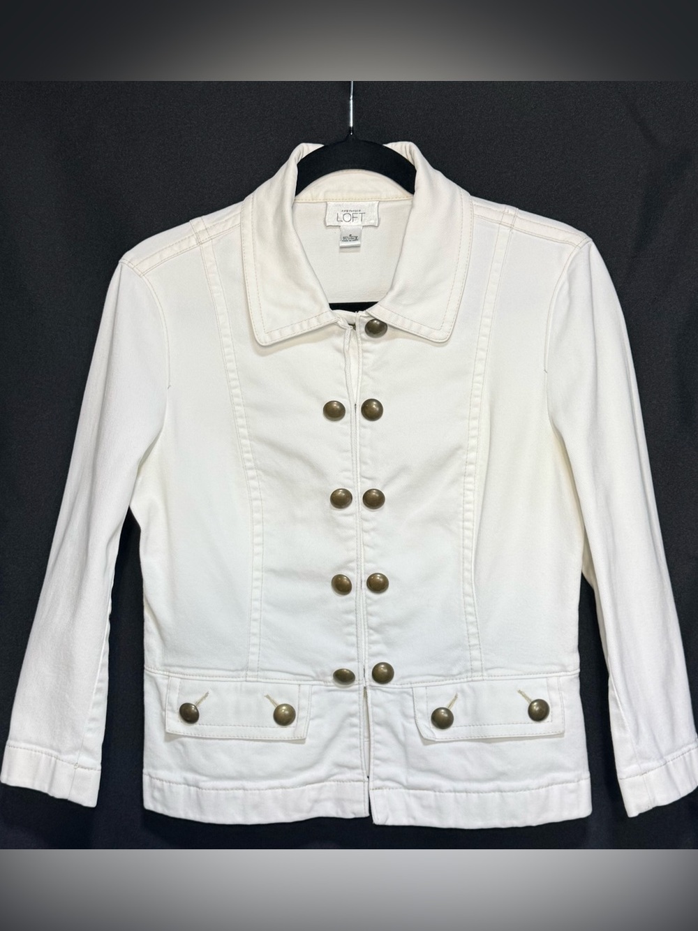 LOFT White Cotton Twill Military Band Jacket Brass Buttons 6